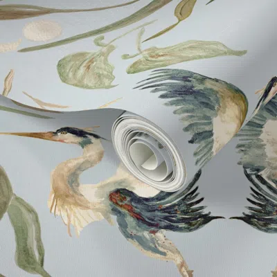 Spoonflower Peel And Stick Wallpaper Large Sky Blue Heron Green White Moons Birds Coastal  Fabric 2' X 12' Remov