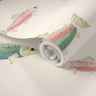 Spoonflower Peel And Stick Wallpaper Large - Swimming Rainbow Trout Fish On Cream - Boy Lake Fishing  Removable