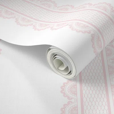 Spoonflower Peel And Stick Wallpaper Large Vertical Scalloped Lace Stripes - Grandma Shabby Chic Pink & White  R