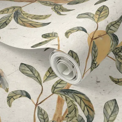 Spoonflower Peel And Stick Wallpaper Large Vintage Orange Tree Green Leaves  Fabric 2' X 12' Removable In Multi