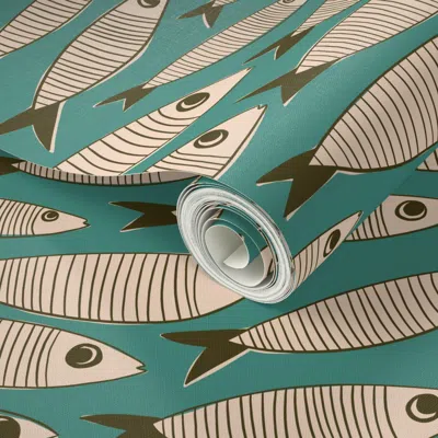 Spoonflower Peel And Stick Wallpaper Large Vintage Sardines - Mid Century Fish Retro Bathroom - Teal Turquoise 2