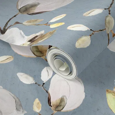 Spoonflower Peel And Stick Wallpaper Large White Flowers On Medium Blue Watercolor Wedding  Fabric  Removable