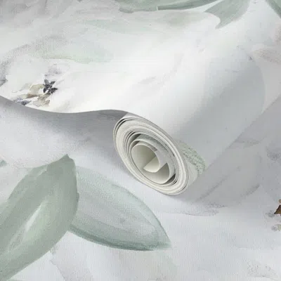 Spoonflower Peel And Stick Wallpaper Large White Peonies Sage Mint Green Leaf Watercolor Grey  Fabric  Removable