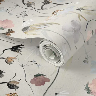 Spoonflower Peel And Stick Wallpaper Large Wildflowers On Beige / Watercolor  Fabric Home Decor Art 2' X 12' Rem In White