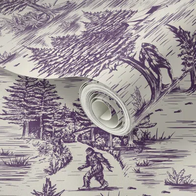 Spoonflower Peel And Stick Wallpaper Large-scale Bigfoot / Sasquatch Toile De Jouy In Purple 2' X 12' Removable