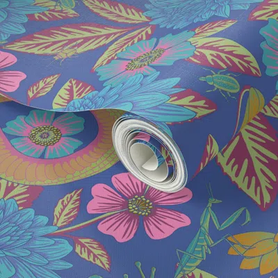 Spoonflower Peel And Stick Wallpaper Large-scale Dahlias/frogs/snakes/praying Mantis In Blue/pink/green 2' X 12'