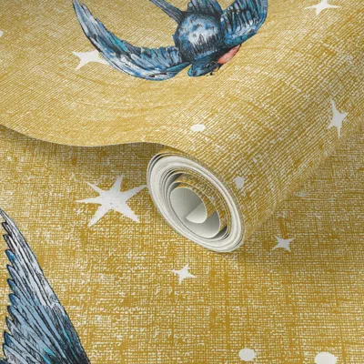 Spoonflower Peel And Stick Wallpaper Largest Hand Painted Whimsical Swallow Birds On Magical Yellow With Stars  