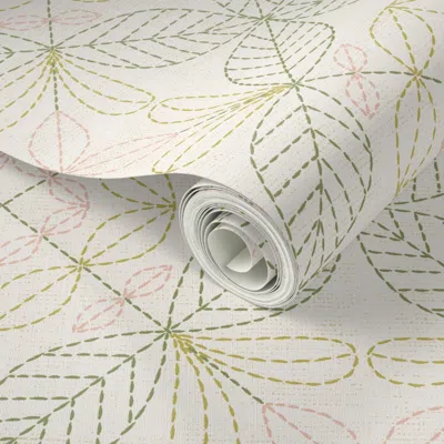 Spoonflower Peel And Stick Wallpaper Leaf Botanical Embroidery Stitching (green/pink)  Removable In Brown