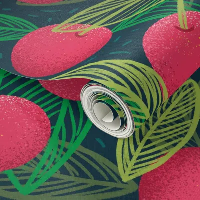 Spoonflower Peel And Stick Wallpaper Leafy Red Cherries On Dark Tossed 2' X 12' Removable