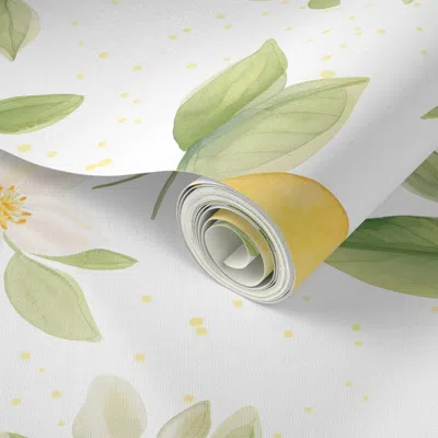 Spoonflower Peel And Stick Wallpaper Lemon White Xl Watercolor Lemons And Lemon Blossoms Yellow Tinged 2' X 12' 