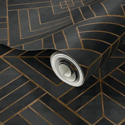 Spoonflower Peel And Stick Wallpaper Lennox Vintage Deco Geo - Black & Copper 2' X 12' Removable