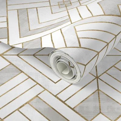 Spoonflower Peel And Stick Wallpaper Lennox Vintage Deco-white Gold 2' X 12' Removable In Multi