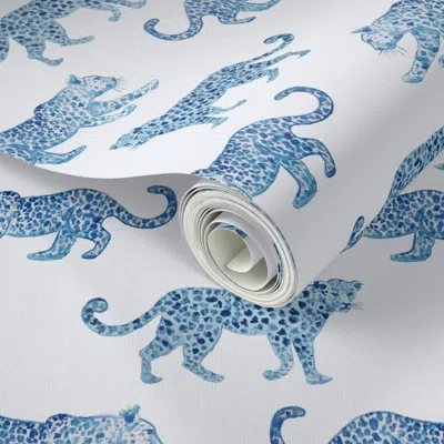 Spoonflower Peel And Stick Wallpaper Leopard Parade Blue On White 2' X 12' Removable