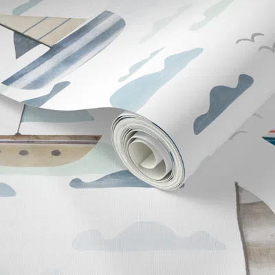 Spoonflower Peel And Stick Wallpaper Life At Sea Hand Drawn Watercolor Sail Boats Large Coastal Ocean 2' X 12' R
