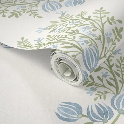 Spoonflower Peel And Stick Wallpaper Light Olive And Blues On Cream Emma Floral Toss 2' X 12' Removable