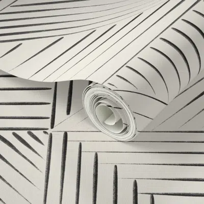 Spoonflower Peel And Stick Wallpaper Line Quilt - Creamy White / Raisin Black - Black And White Rustic Geometric