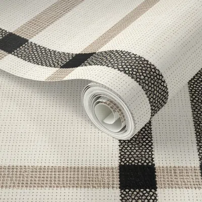 Spoonflower Peel And Stick Wallpaper Linen Plaid Cream Beige And Black Vintage Stripes Fabric Curtains Pillow 2'