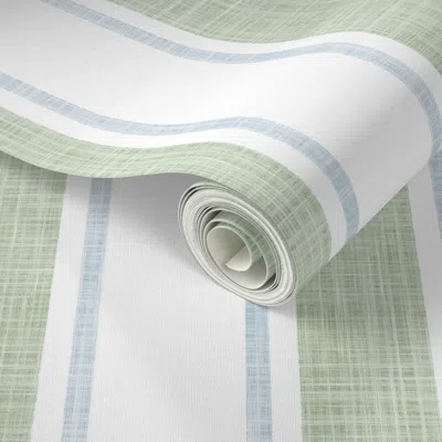 Spoonflower Peel And Stick Wallpaper Linen Texture Stripe Light Sage Green And Soft Blue Grandmillenial Dora M  