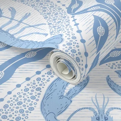 Spoonflower Peel And Stick Wallpaper Lobster And Seaweed Nautical Damask - White Blue - Large 2' X 12' Removable