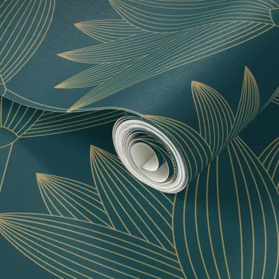 Spoonflower Peel And Stick Wallpaper Lotus Art Deco Deep Teal - Dramatic Glamourous Accent Wall Luxury Interior 