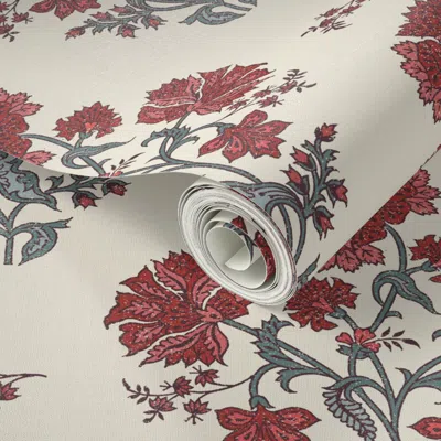 Spoonflower Peel And Stick Wallpaper Lucinda Indian Ruby Sage On Cream 2' X 12' Removable