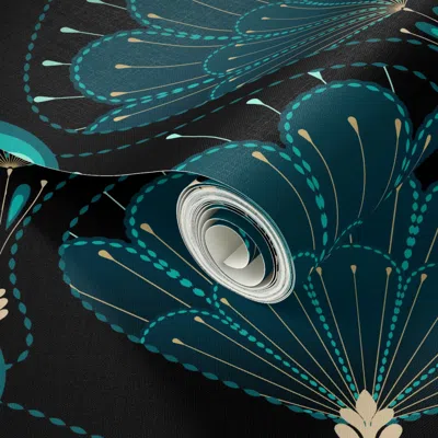 Spoonflower Peel And Stick Wallpaper Lush Art Deco Peacock On Black - Xl 2' X 12' Removable