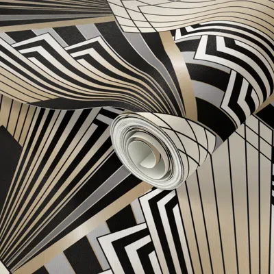 Spoonflower Peel And Stick Wallpaper Luxury Art Deco In Geometric Diamond Sunburst In Elegant Gold Black Silver 