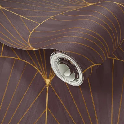 Spoonflower Peel And Stick Wallpaper M 1920s Gilded Art Deco Metallic Shell Scallop In Bordeaux Aubergine Gold 2