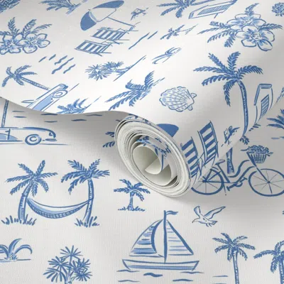Spoonflower Peel And Stick Wallpaper (m) Beach Toile De Jouy - Palace Blue - Seaside Coastal Tropical Riviera 2'