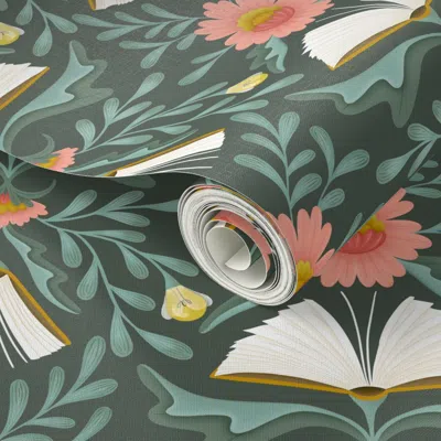 Spoonflower Peel And Stick Wallpaper (m) Books Disguised As Flowers Maximalist Folk Art Book Library Pink Teal 2