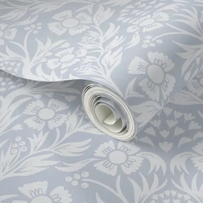 Spoonflower Peel And Stick Wallpaper M Botanical Block Print Damask In Pale Baby Blue - Heritage Preppy Floral  