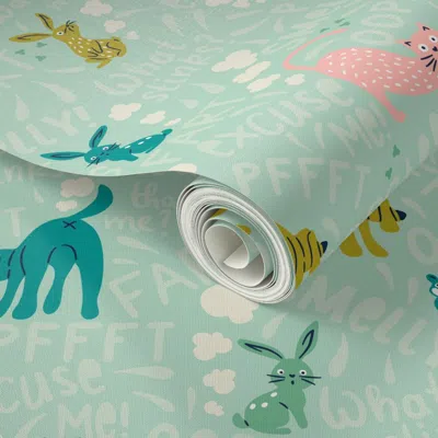 Spoonflower Peel And Stick Wallpaper M - Farting Pets For A Conversational Bathroom Decor - Mint Pink Turquoise 