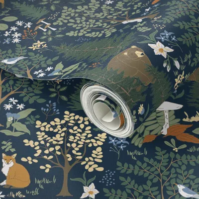 Spoonflower Peel And Stick Wallpaper (m) Forest Biome Home To Fox Bear Deer Birds Flora And Fauna In Deep Blue 2