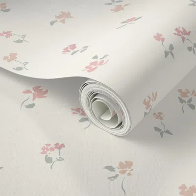 Spoonflower Peel And Stick Wallpaper (m) Little Roses - Small Simple Floral In Pink And Green On Cream  Removabl