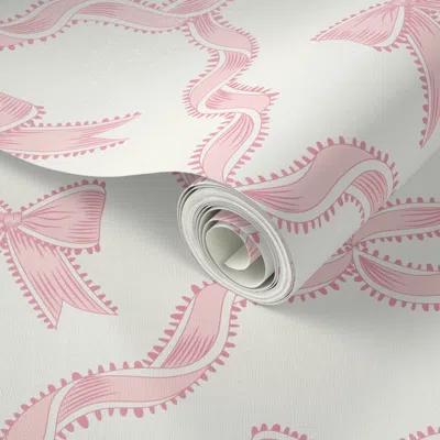Spoonflower Peel And Stick Wallpaper (m) Pink Bows With Ribbon Diamond Trellis On Alabaster White Background 2' 