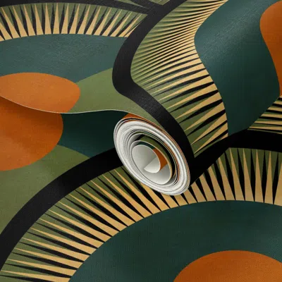 Spoonflower Peel And Stick Wallpaper M - Retro 70s Japandi Boho Sunburst In Burnt Orange And Avocado  Removable In Multi