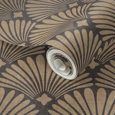 Spoonflower Peel And Stick Wallpaper (m) Timeless Art Deco Scallop In Silhouette Black & Golden Tan Neutrals 2'  In Brown