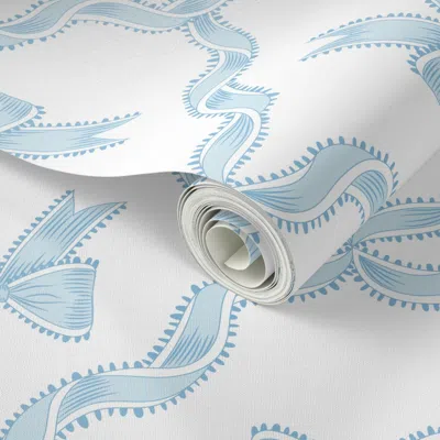 Spoonflower Peel And Stick Wallpaper (m) Two Directional Blue Bows With Ribbon Diamond Trellis On Pure White Bg 