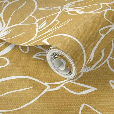 Spoonflower Peel And Stick Wallpaper Magnolia Floral Line Drawing - Grandmillennial Coastal Floral Yellow Lrg 2'