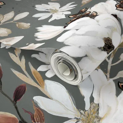 Spoonflower Peel And Stick Wallpaper Magnolia Grove Floral // Dove Gray 2' X 12' Removable