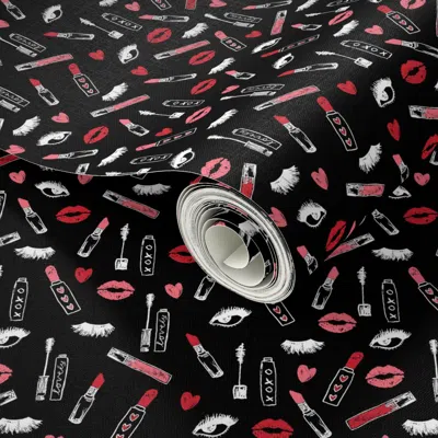 Spoonflower Peel And Stick Wallpaper Makeup Lipstick Eyelashes Beauty Fabric Valentines Day Black 2' X 12' Remov In Multi