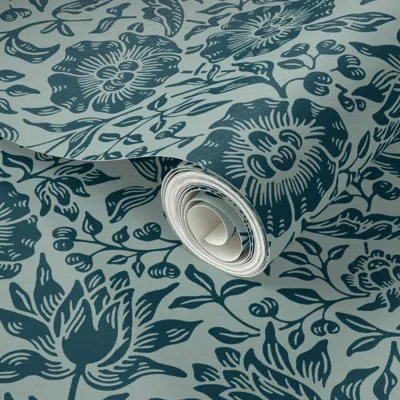 Spoonflower Peel And Stick Wallpaper Mallow In North Sea - William Morris And Kate Faulkner 2' X 12' Removable
