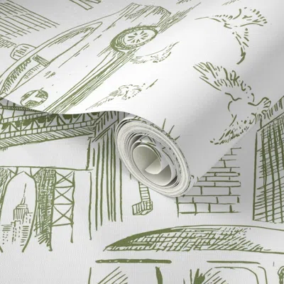 Spoonflower Peel And Stick Wallpaper Manhattan Nyc Toile Urban Sketch Green On White - Half Scale 2' X 12' Remov