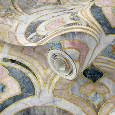 Spoonflower Peel And Stick Wallpaper Marble Art Deco Tiles In Soft Pastels Large Scale Version 2' X 12' Removabl In Multi