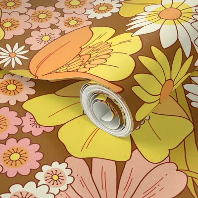 Spoonflower Peel And Stick Wallpaper Marcia Brady Flowers Orange Yellow Pink And Brown 2' X 12' Removable