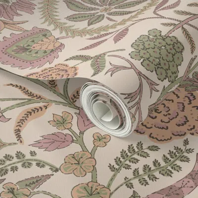 Spoonflower Peel And Stick Wallpaper Mari Palampore - Pink And Green - 24 Inch 2' X 12' Removable