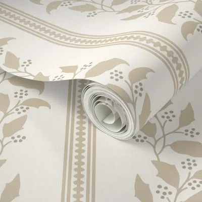 Spoonflower Peel And Stick Wallpaper Marjorie Tan Wavy Serpentine Botanical Stripe Traditional Grandmillennial  