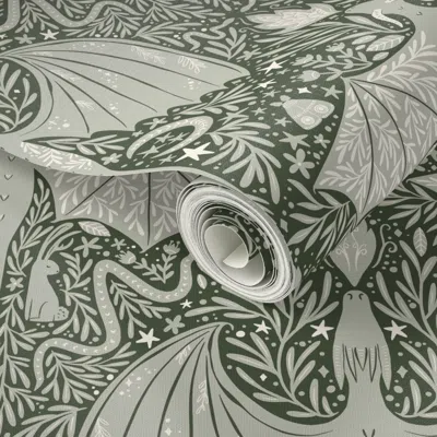 Spoonflower Peel And Stick Wallpaper Maximalist Folk Dragons And Enchanted Forest Friends Green Dark 1 2' X 12' 