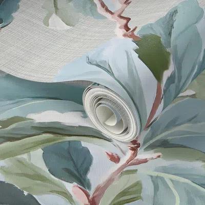 Spoonflower Peel And Stick Wallpaper Meadowlight Chinoiserie In Coastal Green Hatch-grasscloth 2' X 12' Removabl