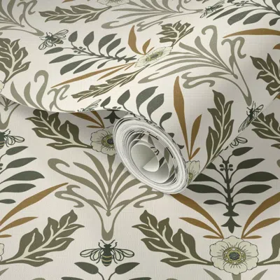Spoonflower Peel And Stick Wallpaper Med - Art Nouveau - Medium - Ivory /beige 2' X 12' Removable